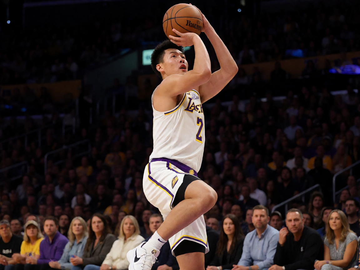 NBA洛杉矶湖人对阵金州勇士的常规赛精彩瞬间，球员跳投画面