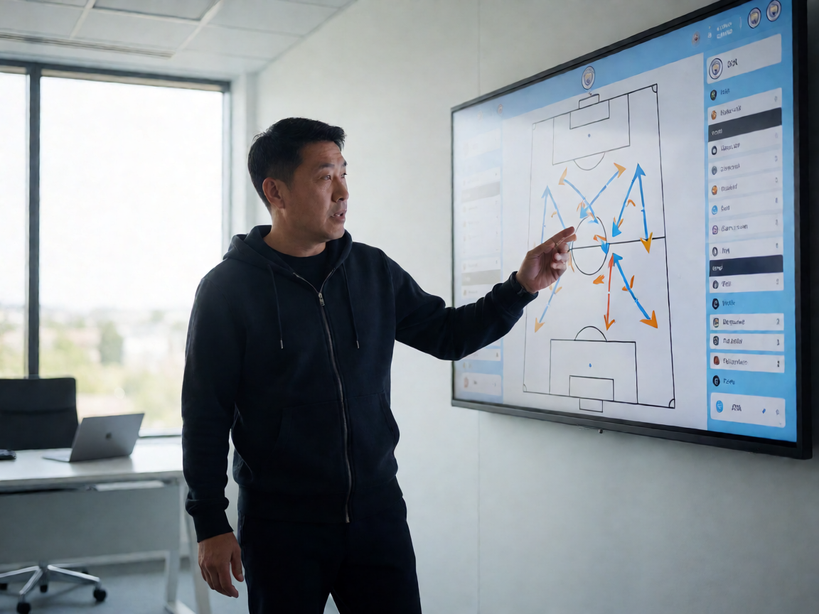 足球战术板分析示意图，展示球队阵型布置和球员跑位路线
